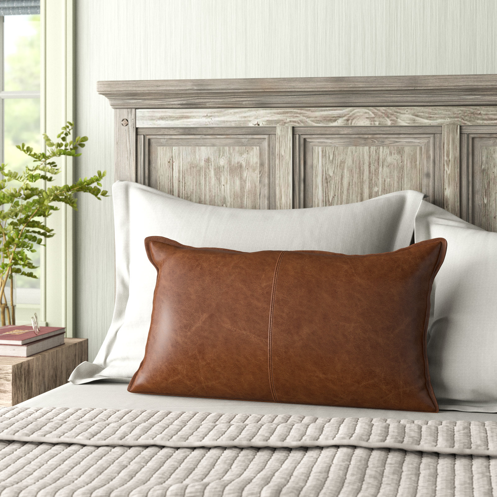 Cutler Leather Accent Pillow, Brown, 14" x 26", Rectangular