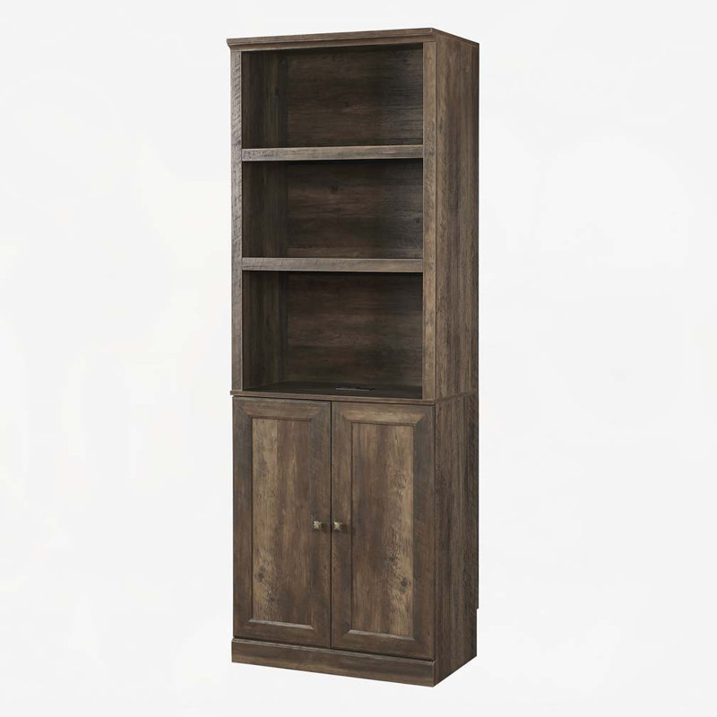 Bibliothèque 1 porte avec port USB et 3 tablettes ouvertes avec tablettes latérales, brun rustique, Brun