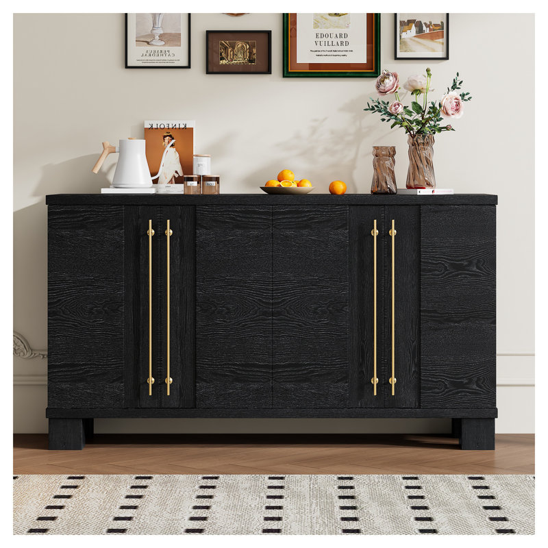 TREXM Modern Black Wood Sideboard Buffet Cabinet with Adjustable Shelves, Gold Handles & Large Storage for Dining Room, Black