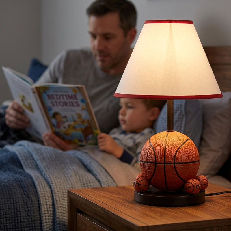 Lampe de table pour enfant 15 po en forme de basketball - Lampe d'appoint en polyrésine avec abat-jour conique en lin pour chambre d'enfant