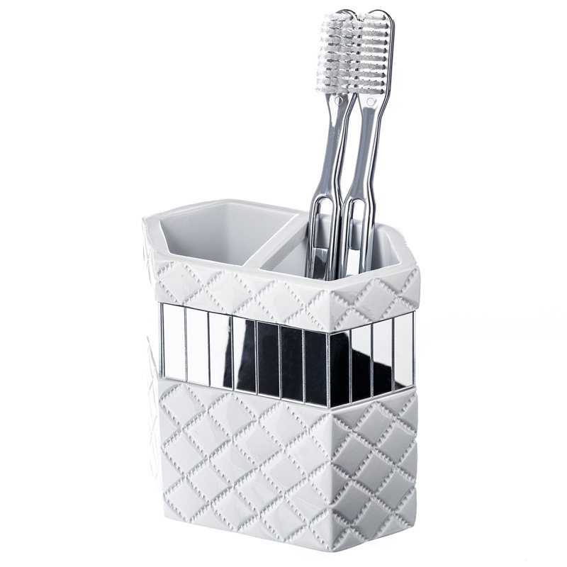 White and Silver Quilted Mirror 6-Piece Bathroom Accessory Set
