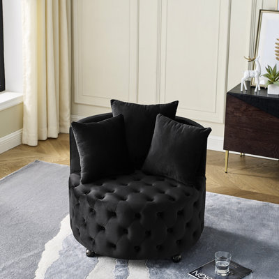 Fauteuil pivotant en velours beige pour la décoration du salon, siège à boutons, roulettes amovibles et 3 coussins - ajout élégant recouvert de mécanisme, roulettes, confort moderne
