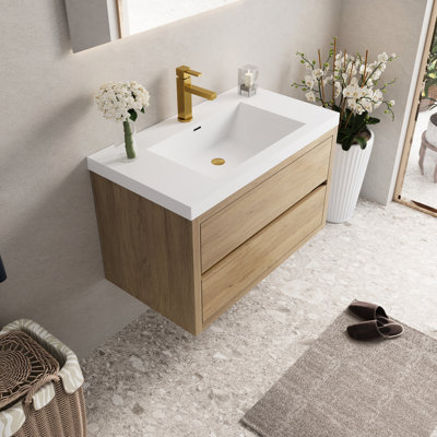 Meuble-lavabo mural de 91 cm (36 po) avec lavabo en résine de pierre, tiroirs à fermeture amortie, armoire en chêne naturel préassemblé pour un rangement rapide et facile. Idéal pour une utilisation durable.