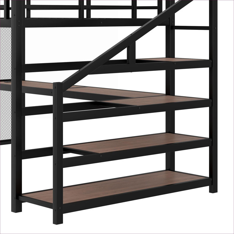 Grand lit mezzanine multifonctionnel classique en métal noir avec bureau intégré, escalier de rangement, lumières DEL et ports USB