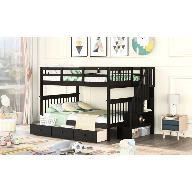 Lit superposé avec escalier, rangement pour la literie et les nécessités, deux lits doubles, accès sécuritaire avec escalier, garde-corps, chambre à tiroir avec tiroirs de L 94,2 po x l 56,64 po et H 63,1 po, esthétique fonctionnelle, lits superposés, pin massif