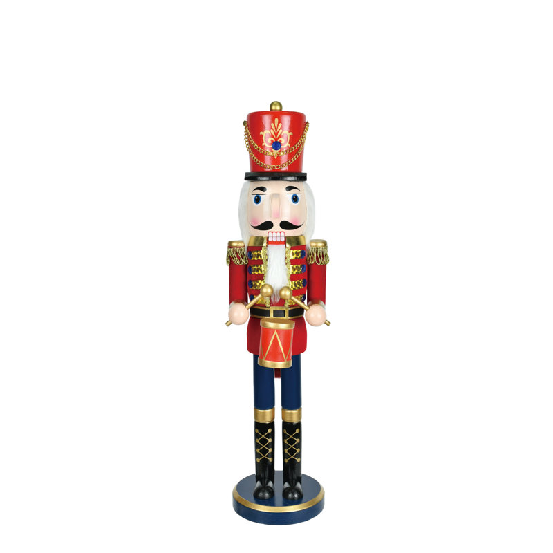 Handmade Wood Nutcracker Drummer Soldier Statue, 18" H x 4.1" W x 5.5" D