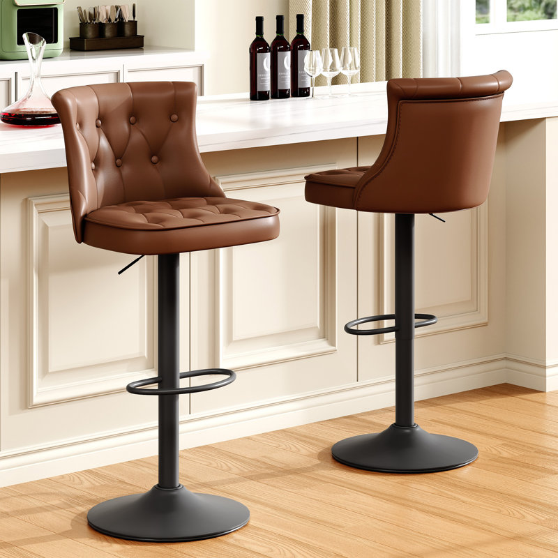 Swivel Adjustable Height Bar Stool with Backs & Wide Seat Cushion (Set of 2), Brown, 2