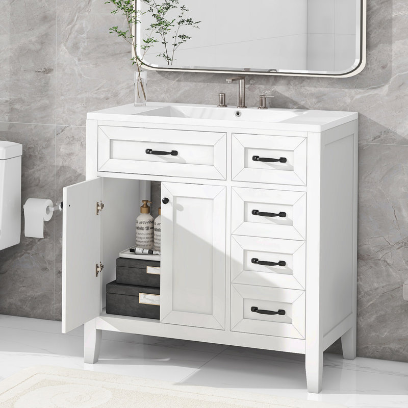 Raquez 35.98'' Free Standing Single Bathroom Vanity with Ceramic Top, White