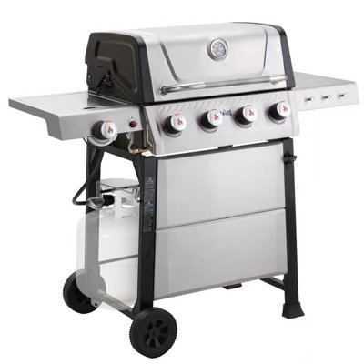 FEASTO 4-Burner Propane Gas Grill with Side Burner, 48,000 BTU, 569 Sq. In. Cooking Area, Stainless Steel Freestanding BBQ Grill with Cast Iron Grates, Warming Rack and Side Table