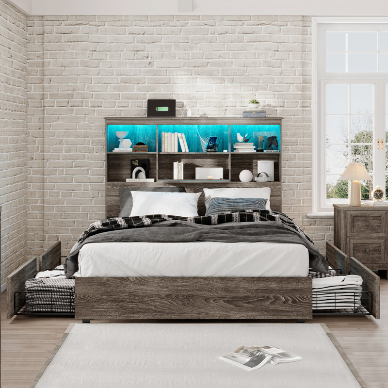 Wooden Storage Bed Frame With Led Bookcase Headboard, Queen, Rustic Brown