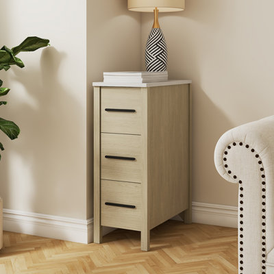 12'' Side Cabinet With White Engineered Marble Top, 3-Drawer Storage Cabinet For Bathroom, Bedroom, Or Living Room, Light Wood Finish
