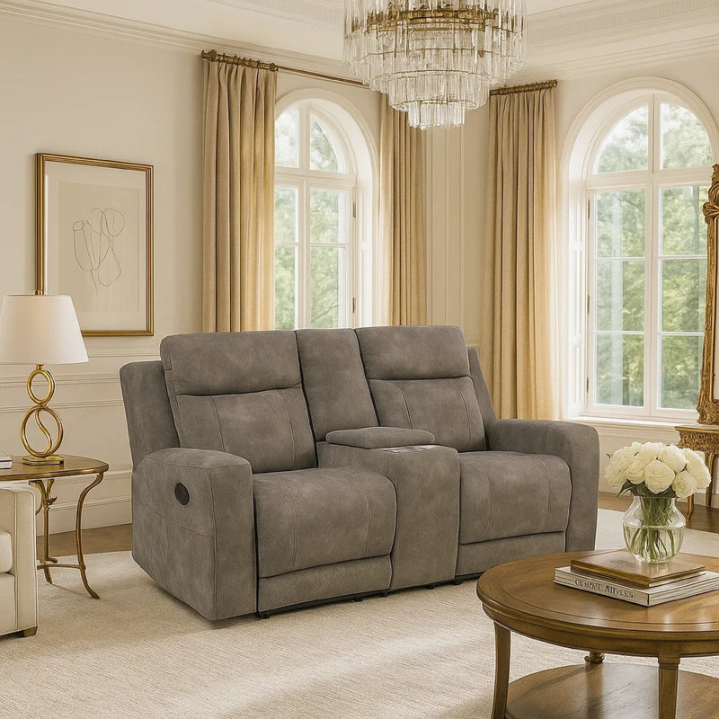 Causeuse inclinable manuelle Diti avec console, porte-gobelets, microfibre brune