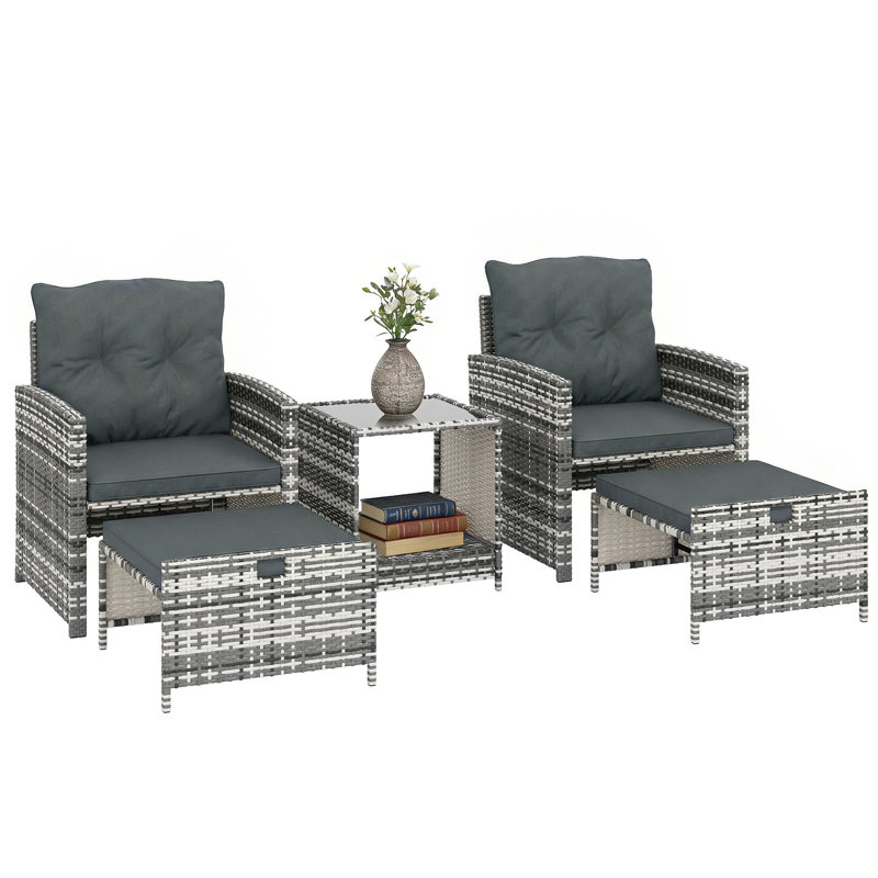 Ensemble de meubles de patio 5 pièces avec coussins de repose-pieds, brun / bleu, Bleu très foncé, Brun