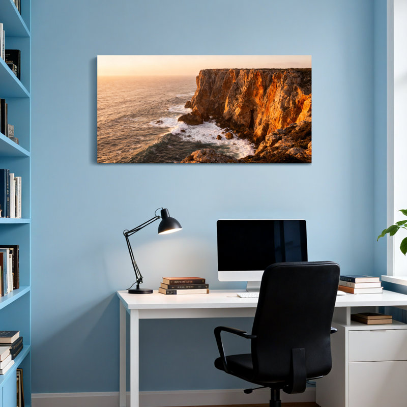 «Landscape & Nature Cliffside Ocean Sunset Landscape», reproduction d'art, H 16 po x l 32 po