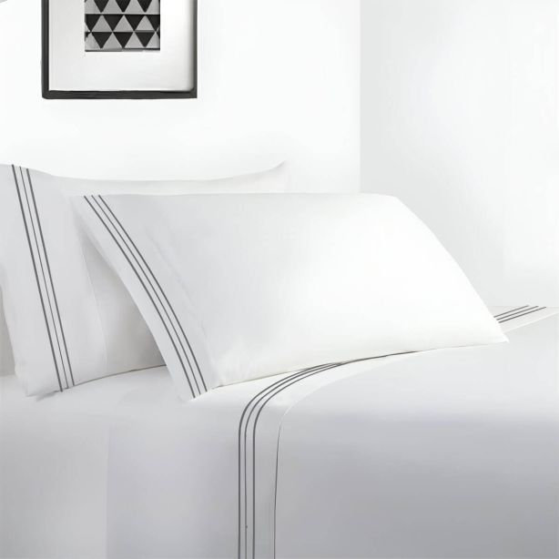 400TC Cotton Sateen Classic Embroidery Cotton 4 Piece Sheet Set Fitted Sheet Fits Upto 16" Deep Pocket, Full XL Sheet Set