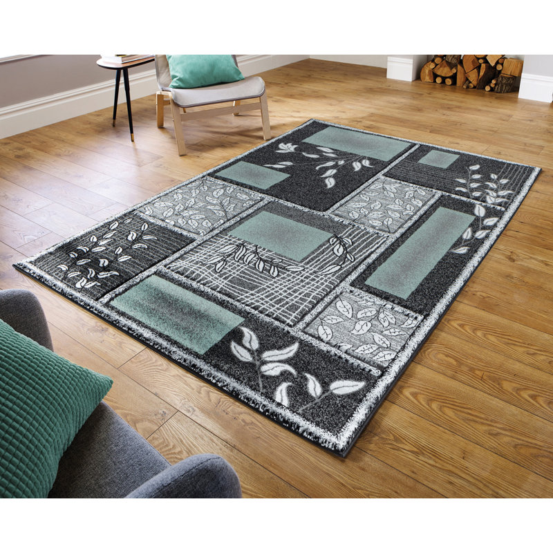 Floral gris foncé/noir/bleu Tapis décoratif, Rectangle 8 pi 7 po x 11 pi 11 po