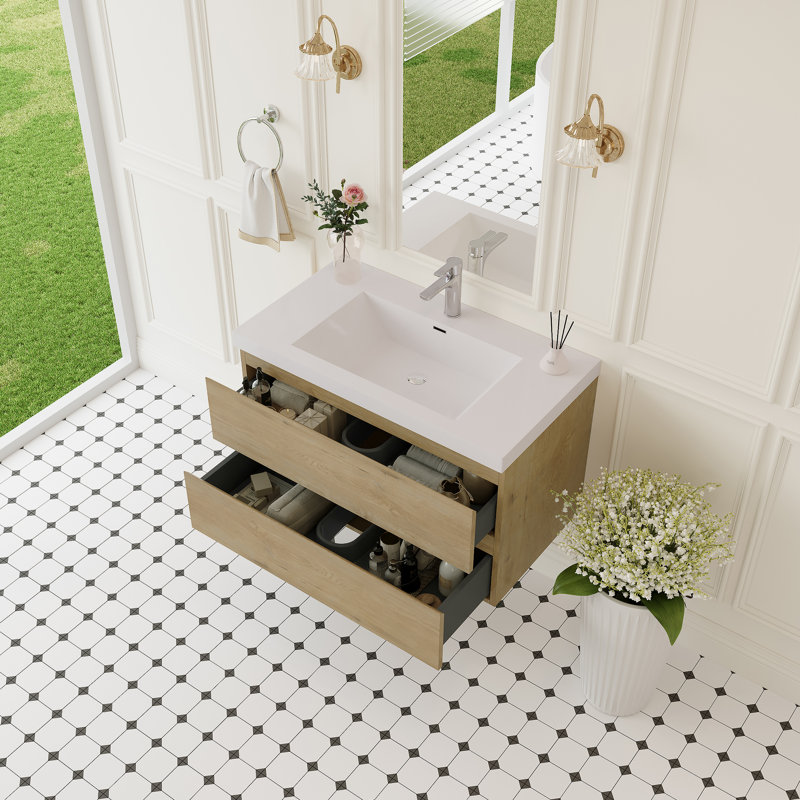 Meuble-lavabo flottant avec lavabo, armoire de rangement murale, plateau à surface solide, tiroirs à fermeture en douceur pour une utilisation organisée dans la salle de bain