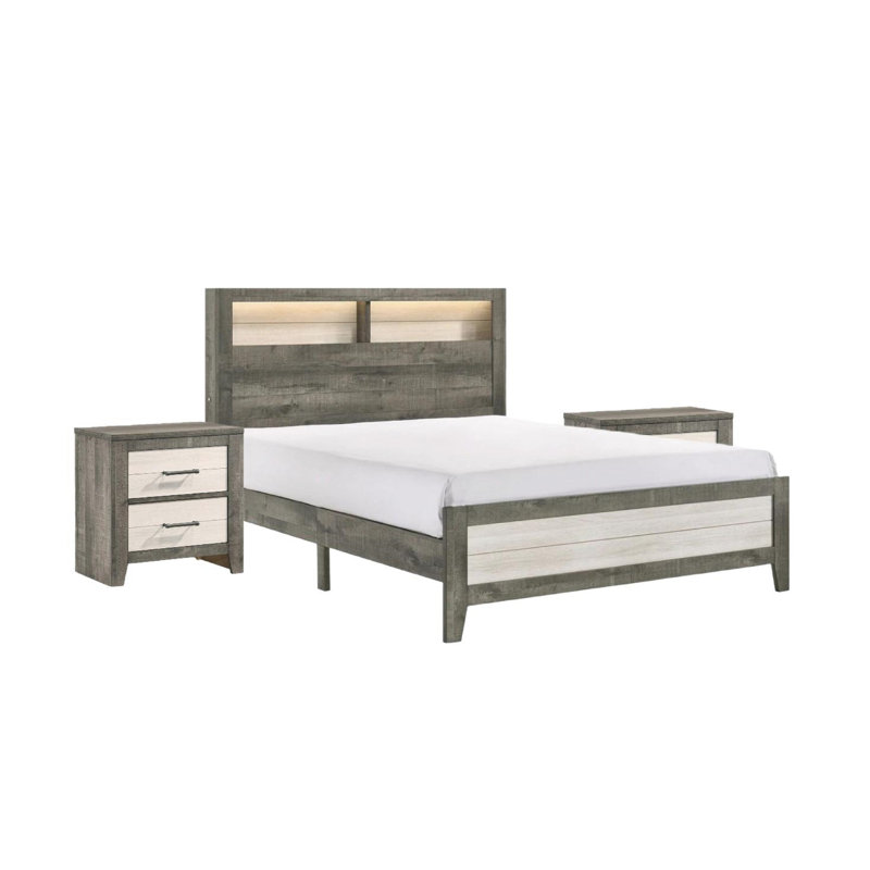 Grand lit avec tête de lit à profil bas et éclairage intégré, gris beige, tête de lit de rangement contemporaine, profil bas, bois beige, tablettes