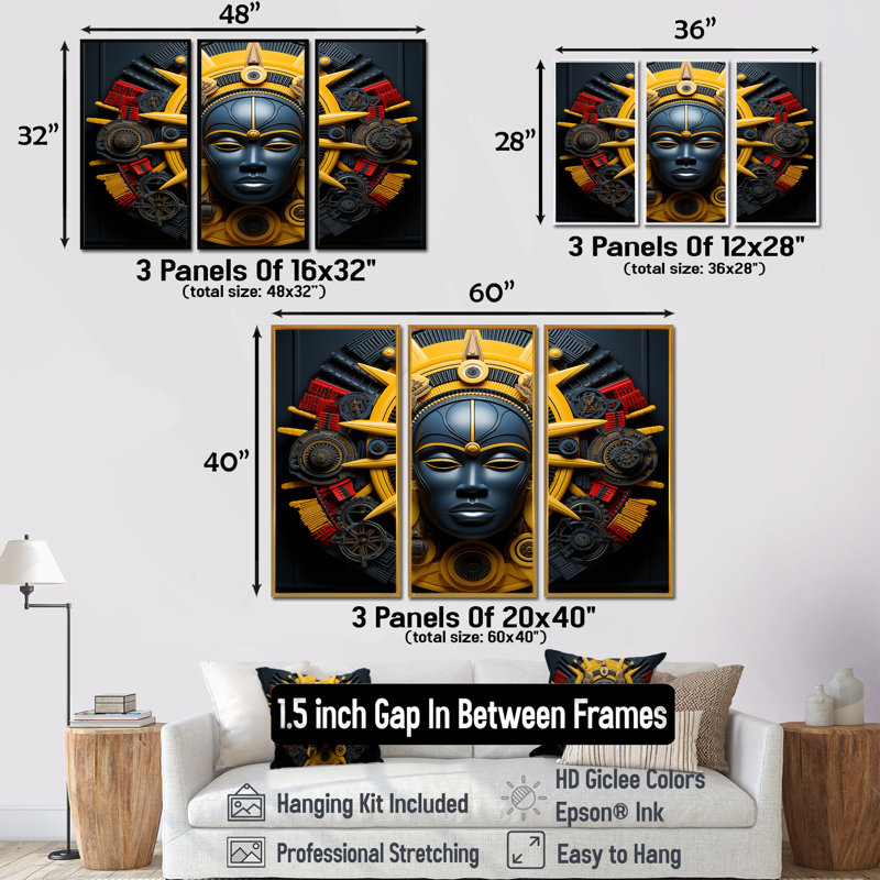 Mystique masque africain Songye Power III - Masque africain, art mural, H 32 po x l 48 po x P 1 po, Encadrement argenté