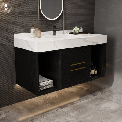 -inch floating bathroom vanity with ceramic sink, 2 drawers, storage spaces, and modern metal handles