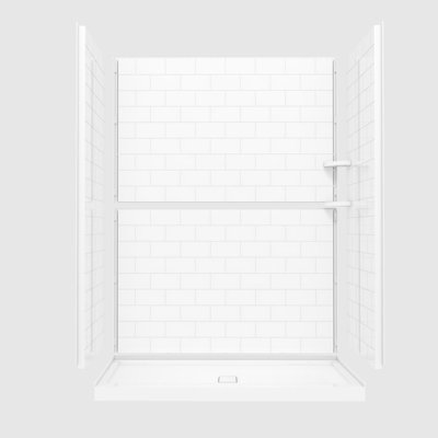 60 in. x 32 in. White SMC Center Drain Shower Base with 4-Piece Direct-to-Stud Wall Kit and 2 Corner Shelves