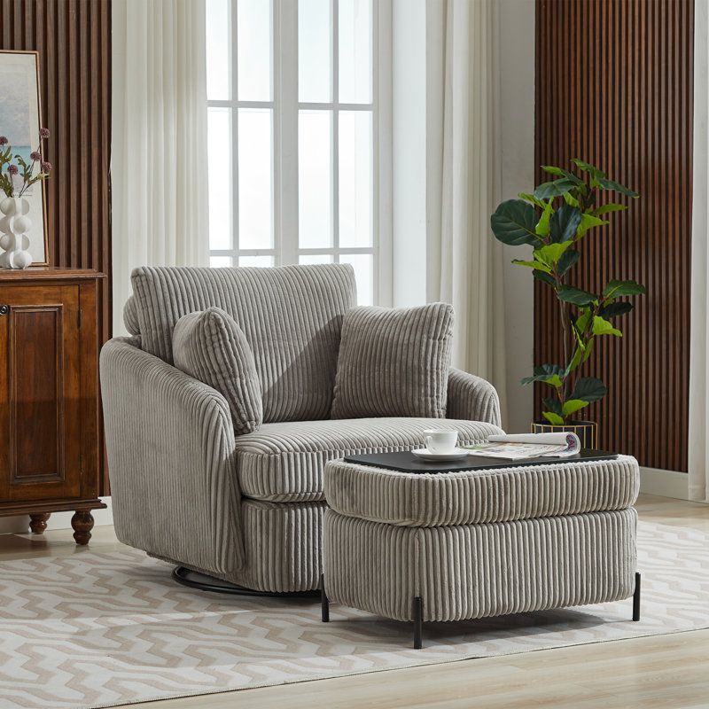 Chaise pivotante rembourrée avec repose-pieds avec rangement, Velours côtelé gris