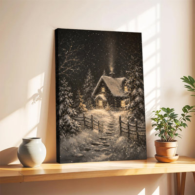 Chalet en bois enneigé et chaleureux dans les bois en hiver, avec des lumières de fenêtre scintillantes, paysage étoilé de Noël sur toile