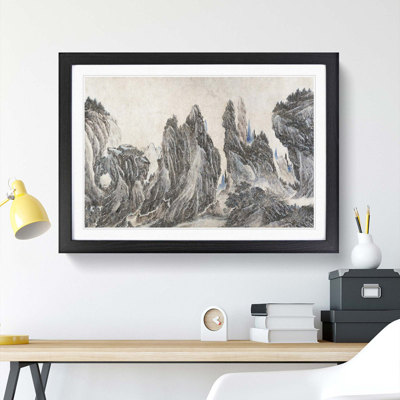 Mountain Landscape by Li Zai - Picture Frame Painting Print, Black Framed, 27cm H x 36cm W x 2cm D