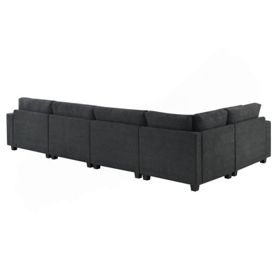 128*67" U Shaped Sectional Sofa,6 Seat Chenille Couch Set With Oversized Ottoman,Hidden Armrest Storage And Cup Holders,USB Charging Ports,Wide Seat Sofa For Living Room,Apartments