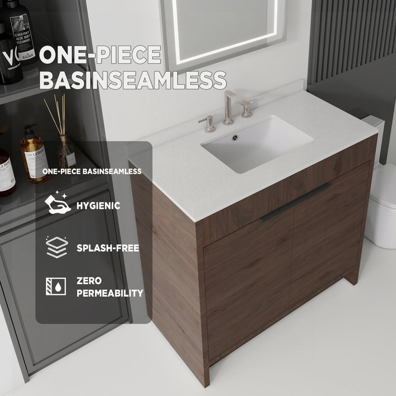 Meuble-lavabo autoportant 36 po avec lavabo 36 po, comptoir en granite blanc cultivé, Brun, 36"