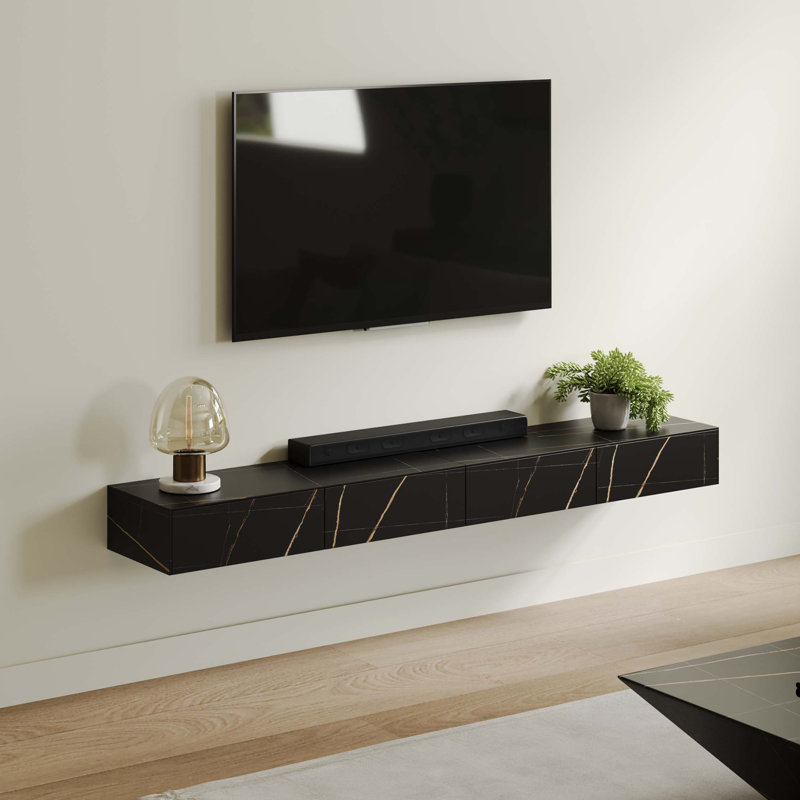 Hithin Floating TV Stand, Entertainment Center with Drawers, Solid Wood, Fully-Assembled, 86.61", Black
