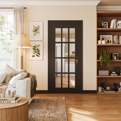 30 x 80 French Glass Interior Door Clear Tempered Glass Solid Core Slab Door Black PVC Film Finish for Pantry, Closet, Bedroom, Bathroom