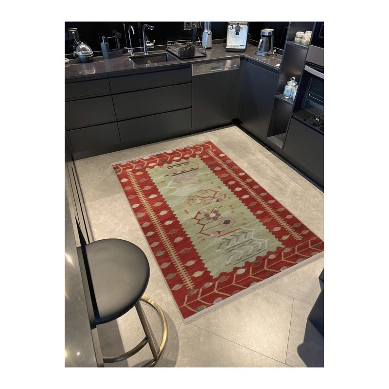 Tapis décoratif à motif floral rouge à motif floral rouge rétro lavable à la machine
