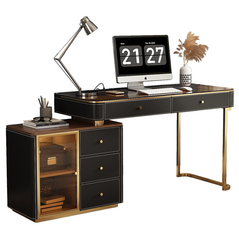 Bureau avec armoire latérale et prise électrique, plateau en verre avec revêtement en similicuir, 5 tiroirs pour bureau à domicile