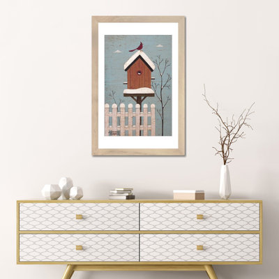 Red Winter Birdhouse - Reproduction d'art murale - Papier d'art encadré