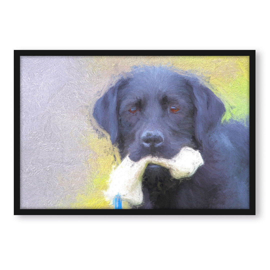 Gerahmtes Poster Schwarzer Labrador mit Spielzeug