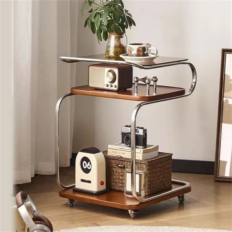 3-Layer Sofa Small Side Table, Wooden Bedside Table Snack Side Table With Storage Rack, Household Side Table Trolley With Wheels Living Room Antique Sofa Coffee Table Corner Table