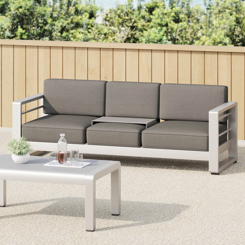 Cape Coral 3 Seater Sofa W/ Metal Tray, Gray Cushion/Light Gray Frame