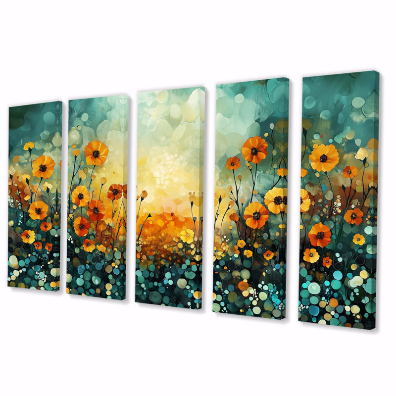 Coucher de soleil, champ de souci, superpositions de fleurs I - souci, ensemble de décorations murales traditionnelles, 5