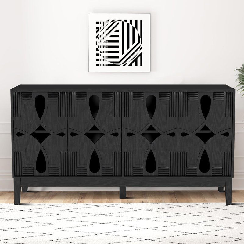 Mid-Century Modern 4-Door Wood Sideboard with Cut-Out Pattern and Adjustable Shelves, Black