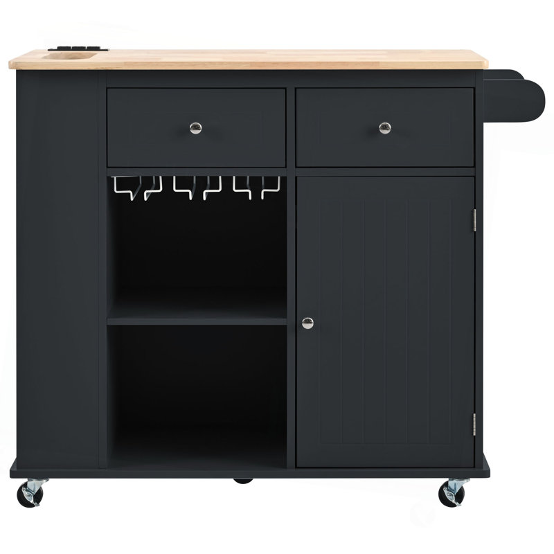 Îlot de cuisine avec prise de courant, îlot de rangement avec abattant et bois d'hévéa, rangement ouvert et support à vin, 5 roulettes, avec rangement réglable pour la maison, la cuisine et la salle à manger, noir