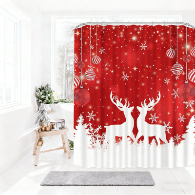 Shower Curtain With Reindeer And Snowflakes, Waterproof Polyester Bathroom Decor For Holiday, Farmhouse Rustic Xmas Theme, 72X72 Inches With 12 Hooks