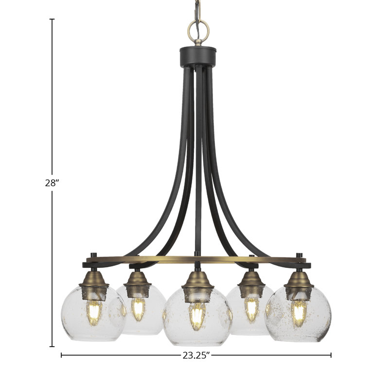 Lustre encastré 5 lumières Michell, fini noir mat et laiton avec verre de 5,75 po, Bulle transparente