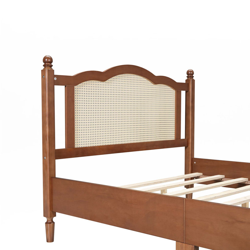 Lit plateforme en bois avec tête de lit en rotin naturel, Grand, Noyer