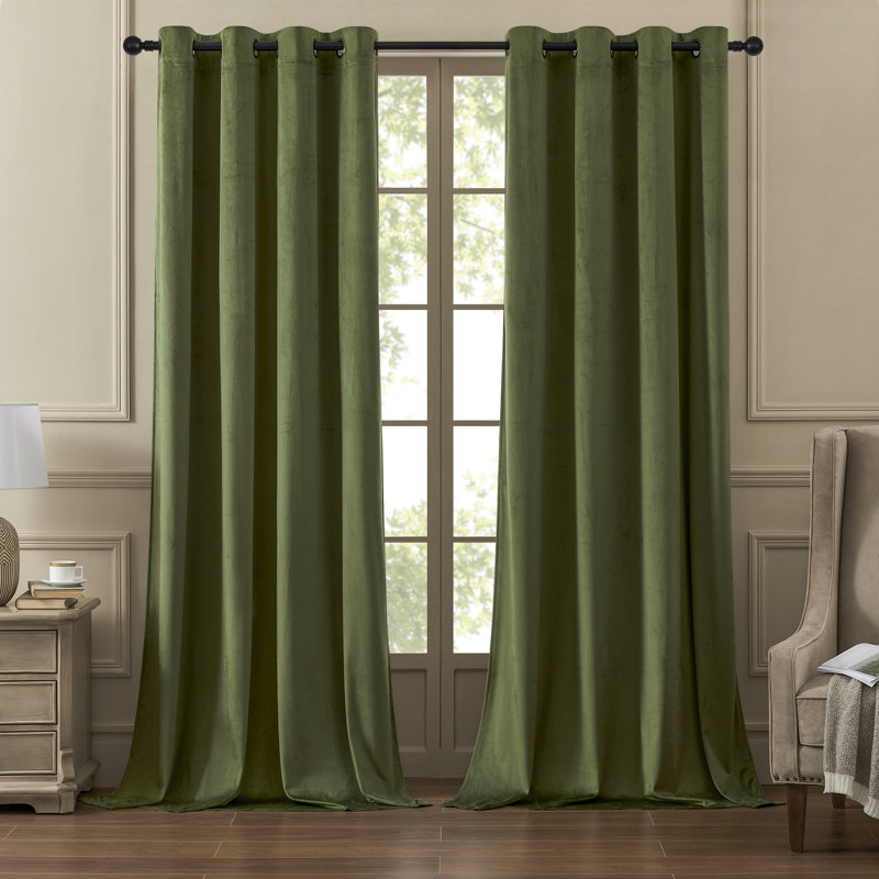 Deavion Velvet Solid Color Metal Grommets Room Darkening Curtain Panels, 52" W x 108" L, Olive Green
