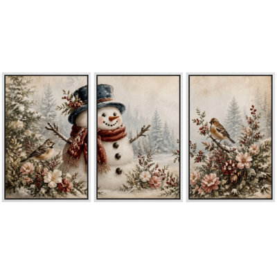 Snowman Winter Garden Holiday Artwork, Living Room Pictures, Framed Canvas Giclee Print 3 Pieces Wall Art - 16"x24"x3pcs, 24"x36"x3pcs