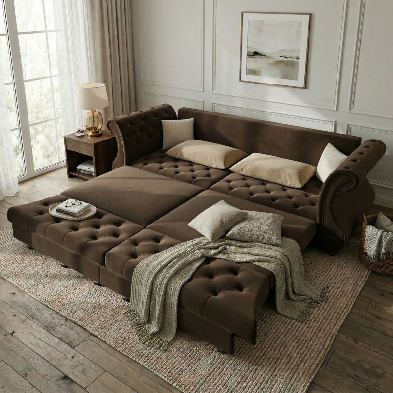 Canapé-lit 98 po très grand Chesterfield, H 34,6 po x l 98 po x P 33 po, Brun