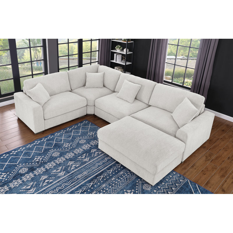 Canapé de coin modulaire confortable à 5 sièges avec repose-pieds mobile, Chenille blanche