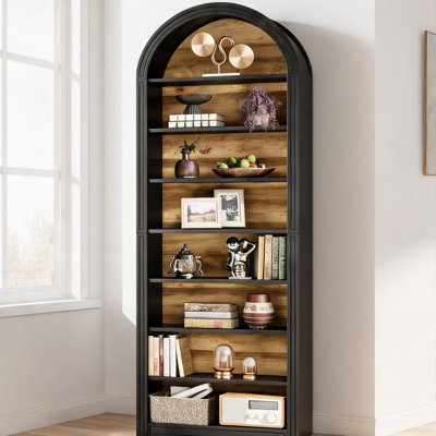 MDF Classic Black 8-Tier Arched Freestanding Bookcase, Spacious Display Storage for Living Room, Study and Kitchen