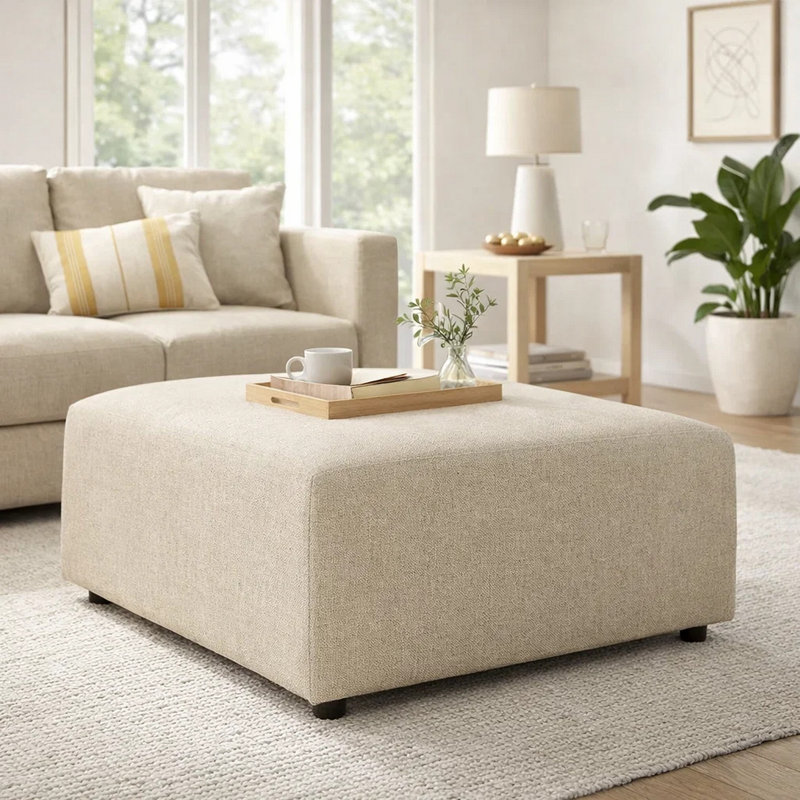 Felo Square Accent Ottoman, 39 Inch,  Polyester Cushioned, Beige